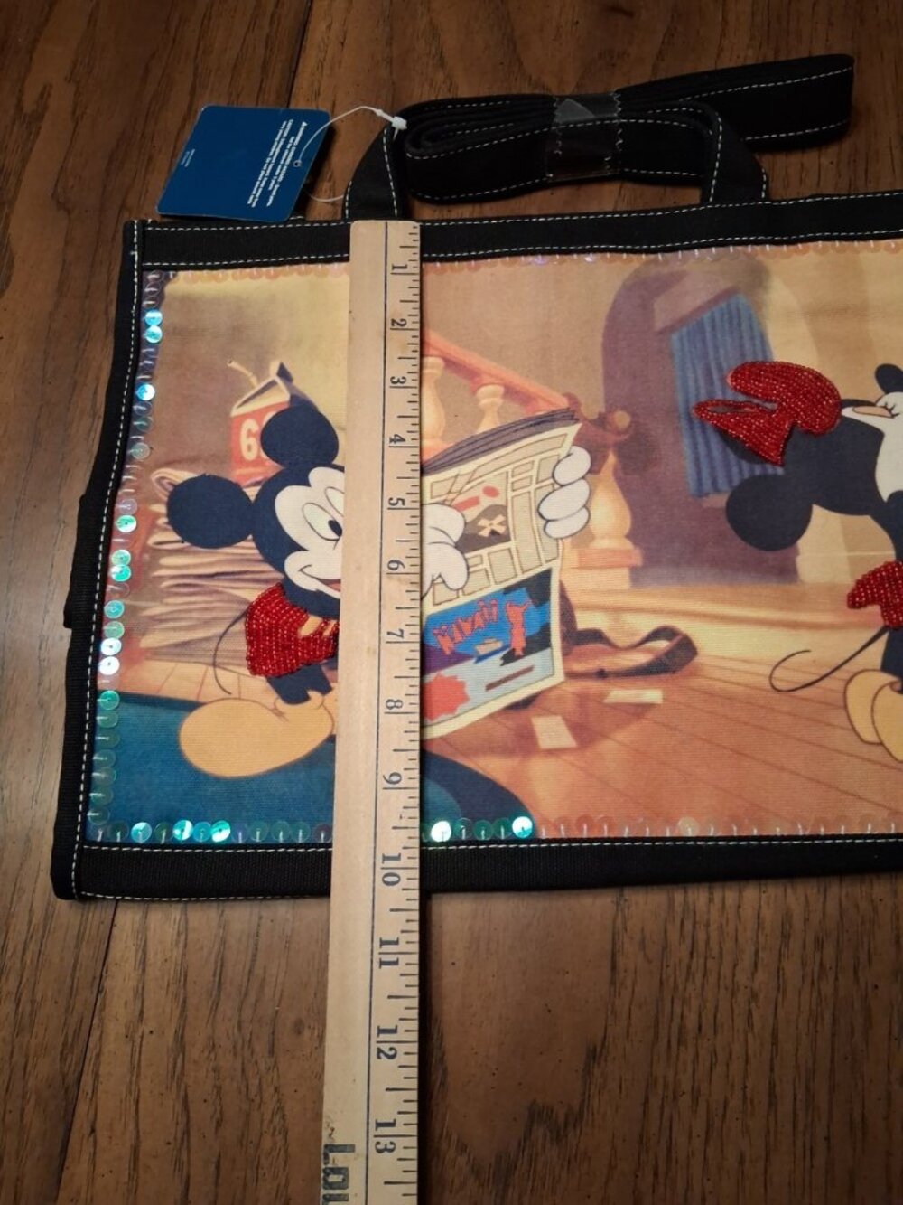 NWT Disney Mickey and Minnie Mouse Beaded Canvas Tote Purse Bag Black - Picture 9 of 11
